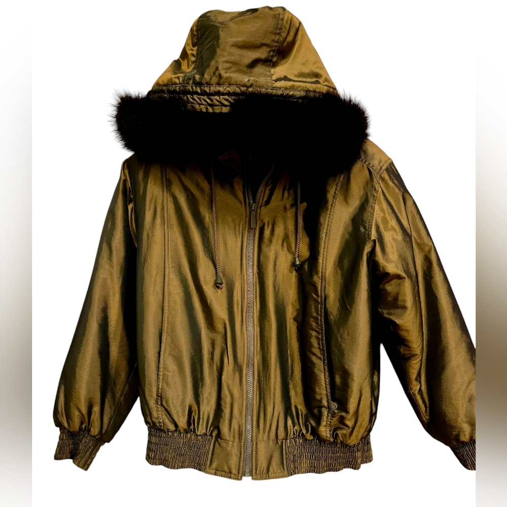 Bromley Sport Thermoloft shimmery green ski jacket.faux fur trim. women's XS.